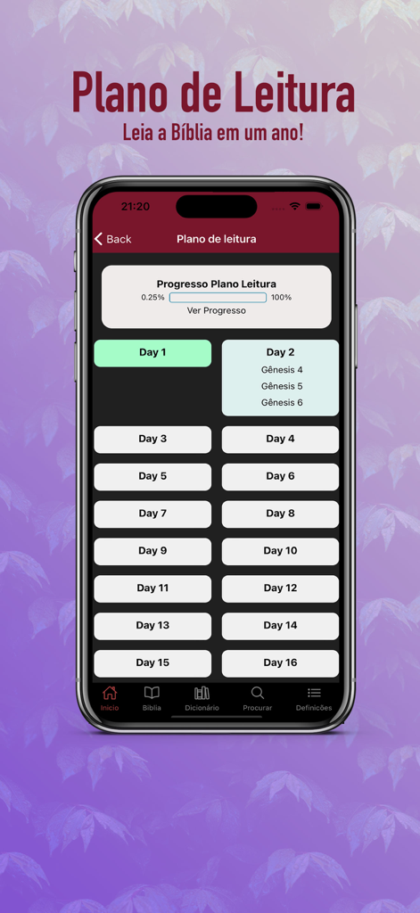 Portuguese Bible app reading plan interface showing daily progress