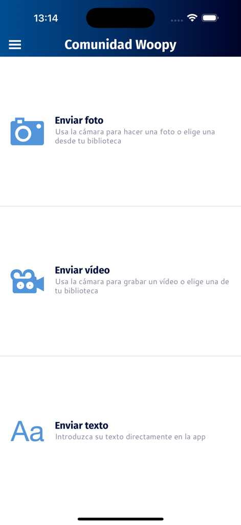 LibreriaWoopy - Interface of the LibreriaWoopy app showing buttons to share photos videos and text with the community