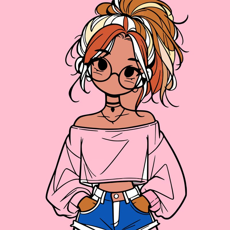 girl with a messy ponytail glasses a baggy crop top and jean shorts