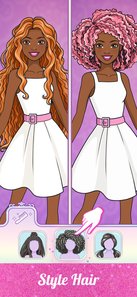 Comparaison côte à côte d'un personnage Barbie avec différentes coiffures et couleurs dans l'application Barbie Magical Fashion.
