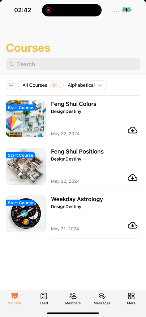 Bildschirm mit Kursliste der Design Destiny App, der Feng Shui- und Astrologie-Kursmodule anzeigt.