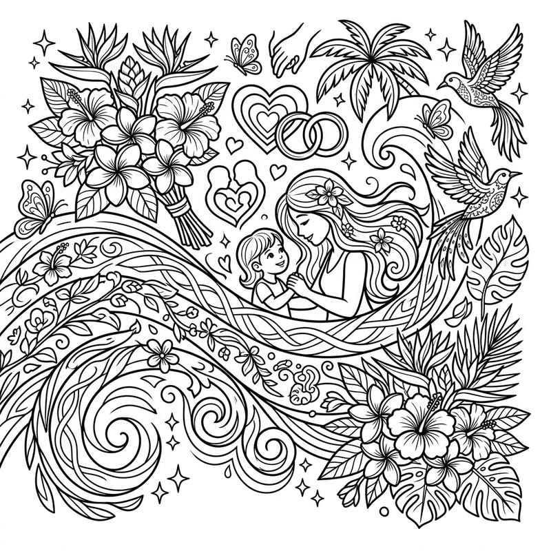 Drift away on the gentle 'Trade Winds' with this heartwarming Mother's Day coloring page, celebrating the beautiful bond between a mother and her child. This intricate tropical scene is filled with lush flowers and symbolic elements, perfect for a joyful and relaxing coloring session.