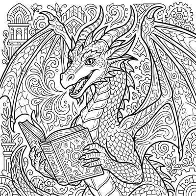 Embark on a mythical journey with this captivating coloring page featuring a wise dragon lost in a book. Its detailed scales and expressive face invite you to bring this intelligent character to life with your favorite colors.