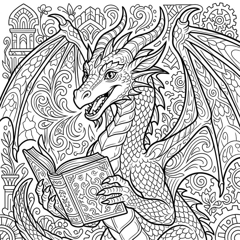 Embark on a mythical journey with this captivating coloring page featuring a wise dragon lost in a book. Its detailed scales and expressive face invite you to bring this intelligent character to life with your favorite colors.