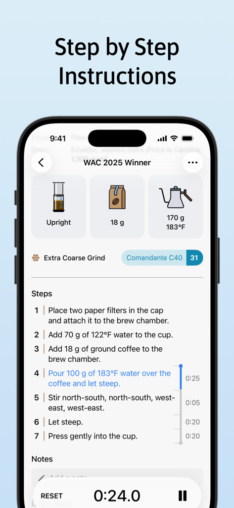 Aeromatic - Aeromatic app interface showing step by step instructions for an AeroPress coffee recipe with a built-in timer.
