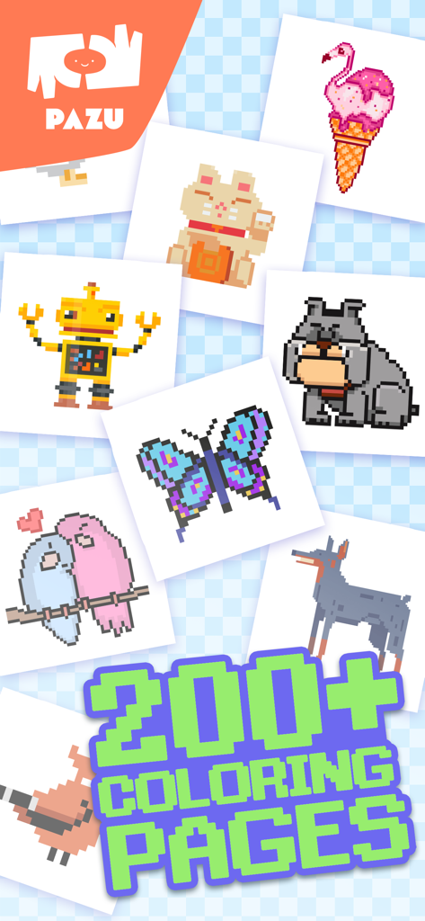 Colección de personajes de pixel art que incluyen un gato y un robot con texto que indica más de 200 páginas para colorear