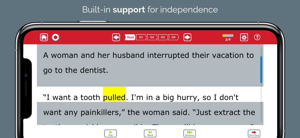 Une capture d'écran mobile montrant un exercice de lecture au niveau du paragraphe avec mise en surbrillance des mots et contrôles de lecture audio pour la thérapie de l'aphasie