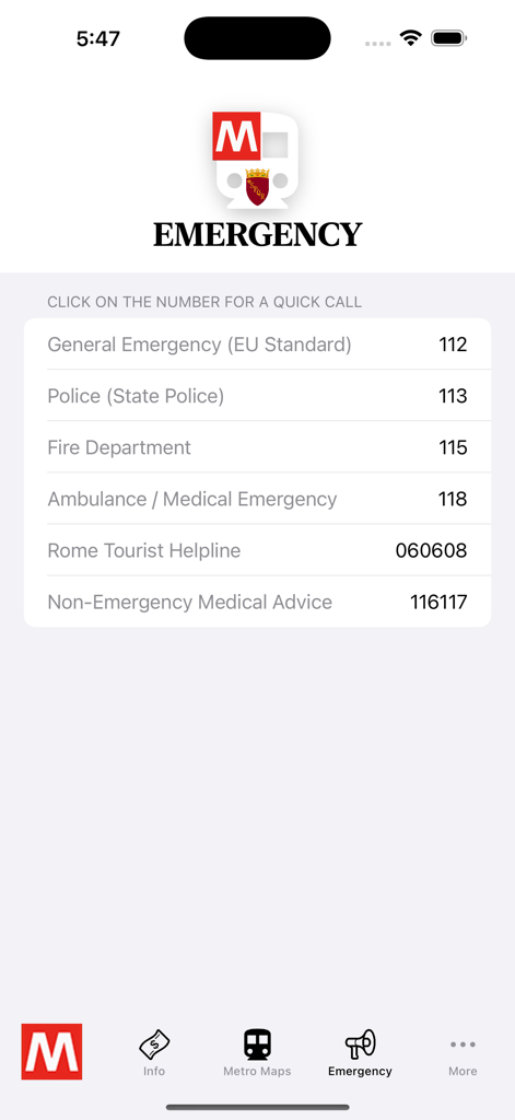 Un elenco di numeri di emergenza italiani per polizia, vigili del fuoco e servizi medici all'interno dell'app della metropolitana di Roma