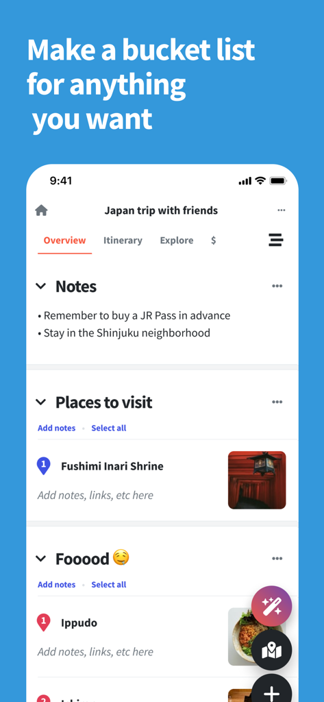 Wanderlog - Travel Planner - Interfaccia dell'app Wanderlog che mostra una lista dei desideri per un viaggio in Giappone con note e luoghi da visitare