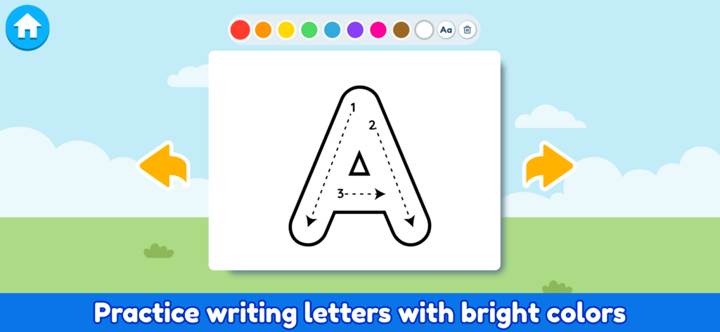 ABC Alphabet - Phonics A to Z - Interface éducative montrant une activité de traçage de la lettre A avec des flèches guidées et une palette de couleurs vives pour les enfants.