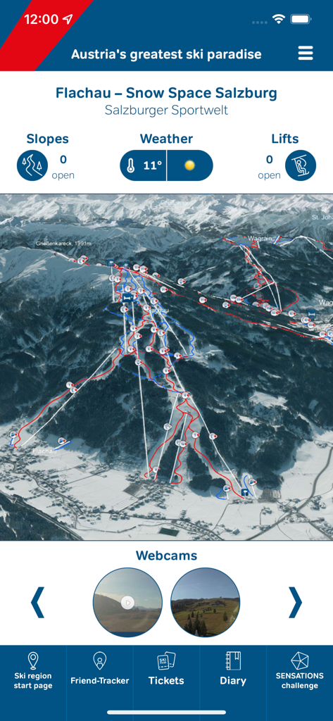 Interface da app Ski amade exibindo um mapa 3D de resort de esqui com detalhes de pistas e informações meteorológicas