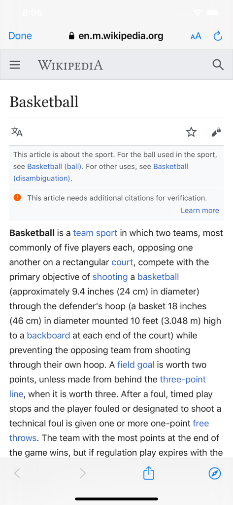 Mobile Wikipedia search result for basketball within the Just Search app interface
