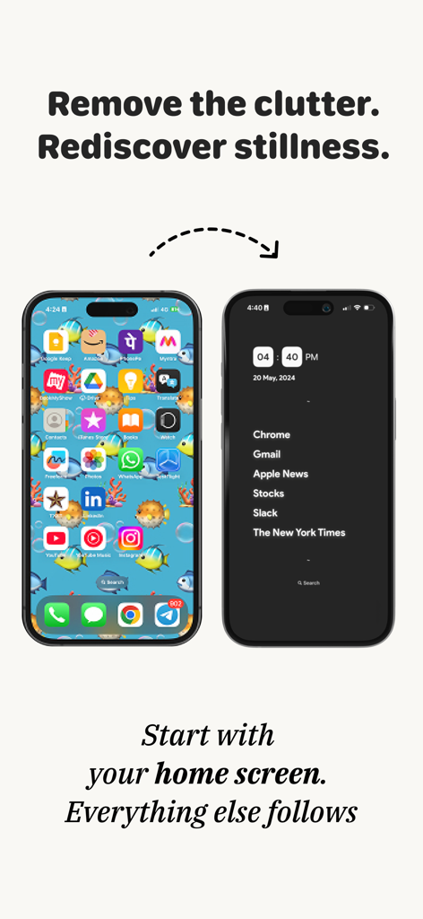 Minimalist Launcher - Side by side comparison of a cluttered iPhone home screen versus the clean text based Minimalist Launcher interface
