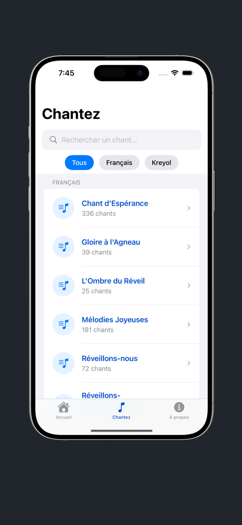 Chants Desperance - Interface of the Chants Desperance app displaying a list of religious hymn collections in French and Haitian Creole