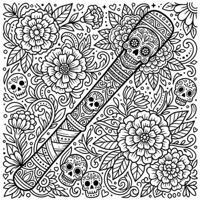 Discover a unique blend of Irish tradition and Mexican celebration with this detailed coloring page. Bring to life a shillelagh adorned with sugar skulls amidst a beautiful garden of marigolds and intricate patterns.