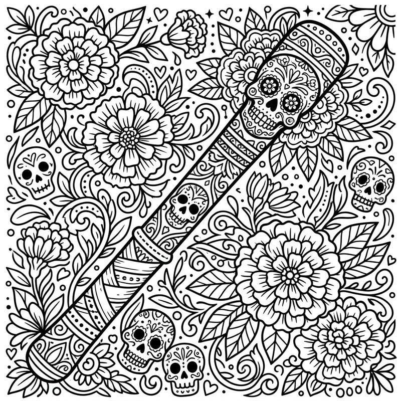 Discover a unique blend of Irish tradition and Mexican celebration with this detailed coloring page. Bring to life a shillelagh adorned with sugar skulls amidst a beautiful garden of marigolds and intricate patterns.