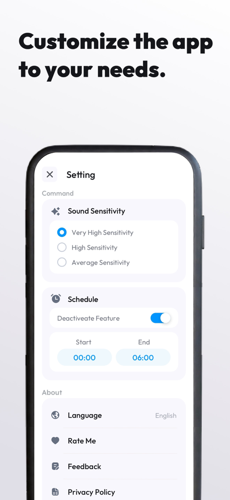 ClapSeek: Find phone by clap - Pantalla de configuración de la aplicación ClapSeek para personalizar la sensibilidad del sonido y los horarios.