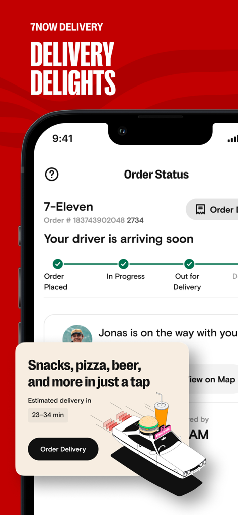 7-Eleven: Rewards & Shopping - 7-Eleven app screen showing real-time delivery tracking and order status information.