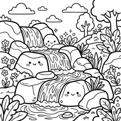 Embark on a delightful coloring journey with this Kawaii cascade waterfalls page, bringing adorable charm to nature's beauty. Featuring cute smiling rocks and lush scenery, it's perfect for all ages seeking a heartwarming creative escape.
