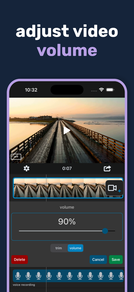 Benutzeroberfläche der Voice Over Video-App, die einen Schieberegler zur Einstellung der Videoclip-Lautstärke auf 90 Prozent zeigt.