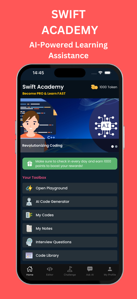 Learn Swift - Swift Playground - AIジェネレーターと統合プレイグラウンドを備えたコーディングツールボックスが表示されているSwift Academyアプリのホーム画面。