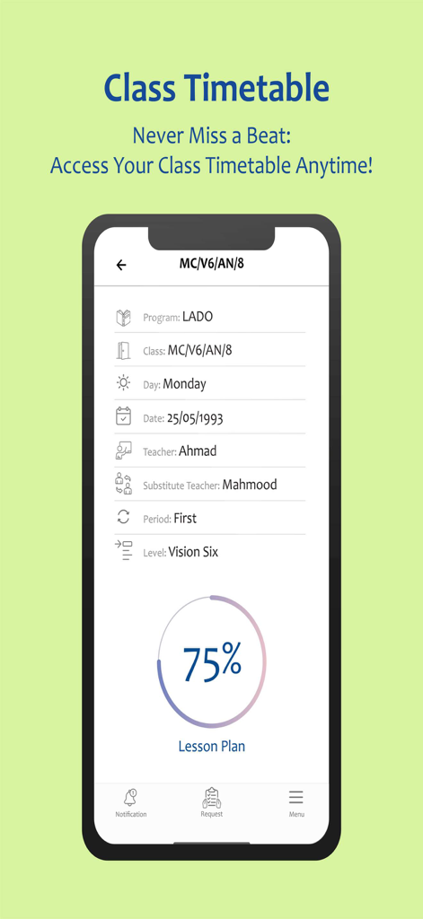 Team MELI - Team MELI app interface displaying a class timetable with teacher and lesson plan details
