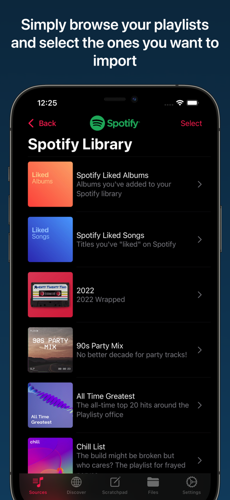 A mobile interface showing a list of Spotify playlists ready to be imported into Apple Music.