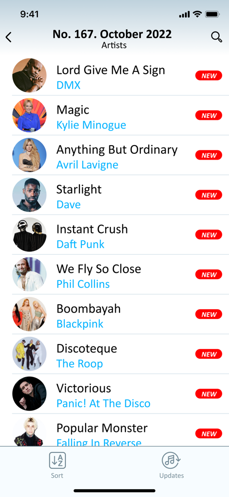 EvoClub User - EvoClub User App-Bildschirm, der eine Liste neuer Karaoke-Songs und Künstler anzeigt