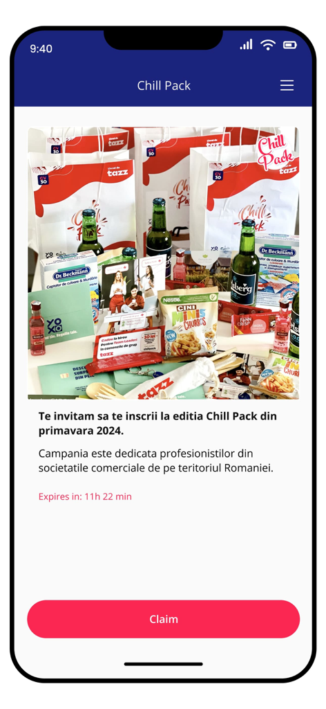 CV30 - Schermata dell'app CV30 con una campagna Chill Pack che mostra omaggi brandizzati e un pulsante di riscatto.