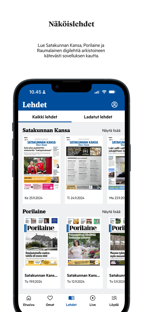 Schermo di uno smartphone che mostra edizioni digitali del quotidiano nell'app mobile Satakunnan Kansa.
