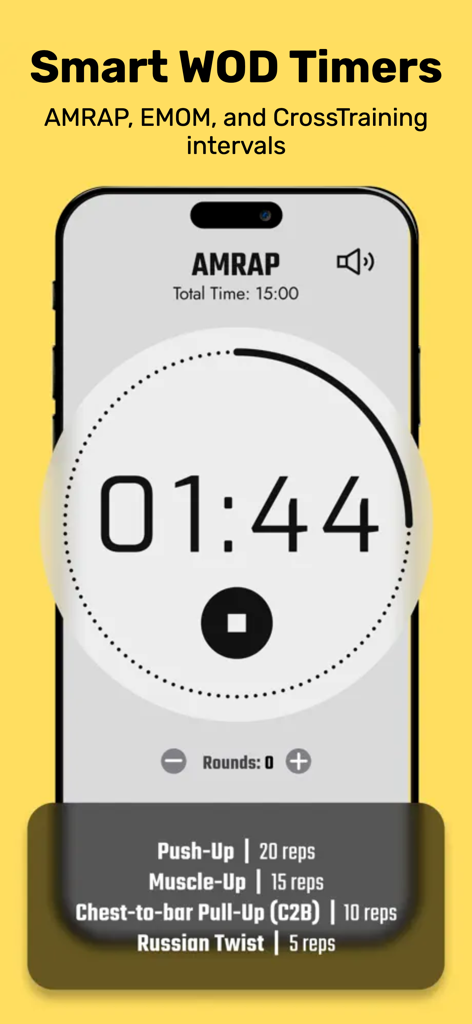 WOD App interface displaying a smart AMRAP workout timer and exercise list