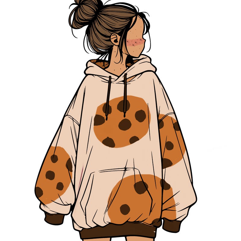 realistic girl with a oversized sweatshirt on and a bun