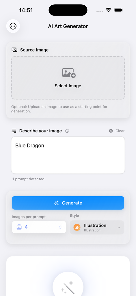 Image Play Studio - Image Play Studio app interface showing an AI text prompt for a blue dragon in illustration style