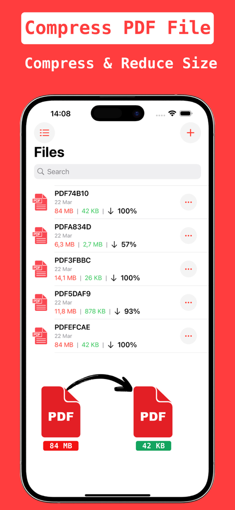 PDFファイルのリスト、元のファイルサイズと圧縮後のファイルサイズ、および削減率を示すモバイルアプリの画面