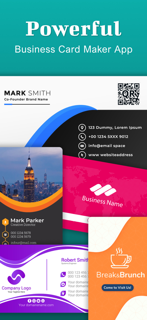 Business Card Maker : Creator - A variety of professional business card templates in different styles and colors including QR code integration.