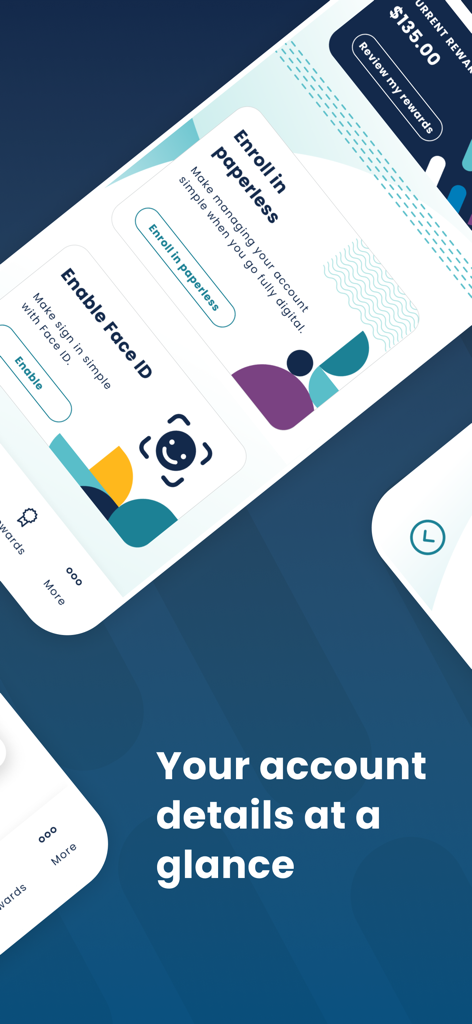 Bread Financial App-Oberfläche mit papierloser Anmeldung und Face ID-Einstellungen