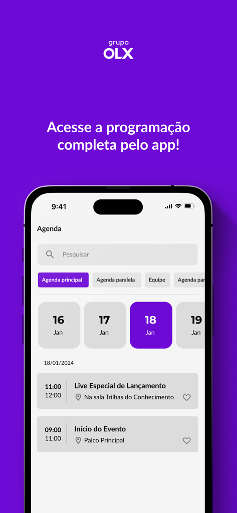 Grupo OLX | Eventos - Interfaz de la aplicación móvil que muestra un horario de eventos profesional con fechas y horas de sesiones