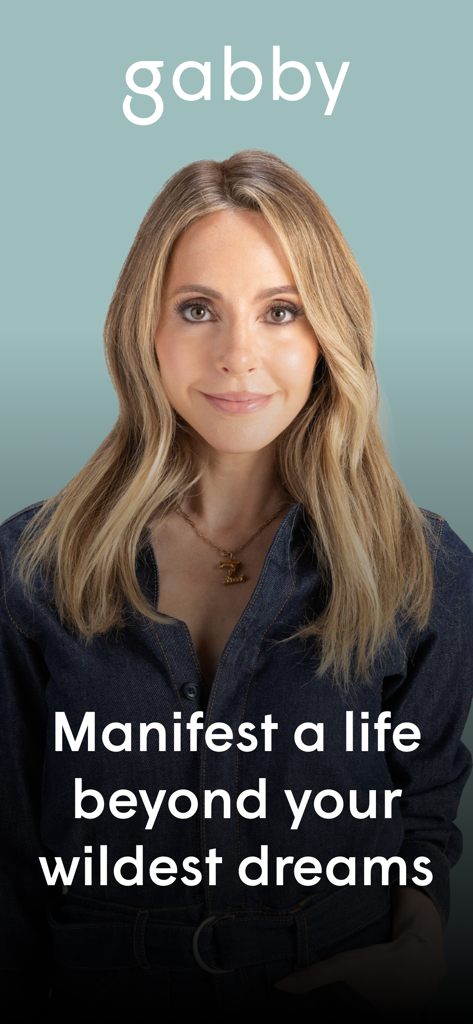 Gabby - Coaching & Meditation - Gabby Bernstein portrait with text manifest a life beyond your wildest dreams