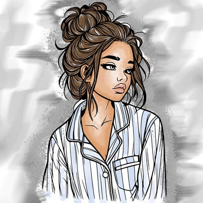 realistic woman with pajamas on and a messy bun