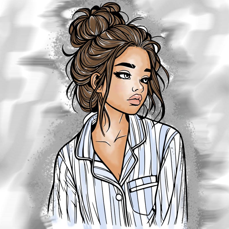 realistic woman with pajamas on and a messy bun