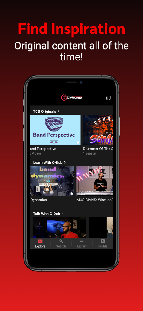 The CDub Network - The CDub Network app screen showing music production and creative content categories.