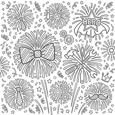 Light up Father's Day with this vibrant coloring page featuring spectacular aerial shells. Each firework burst is uniquely designed with iconic dad-themed elements, ready for your creative touch.