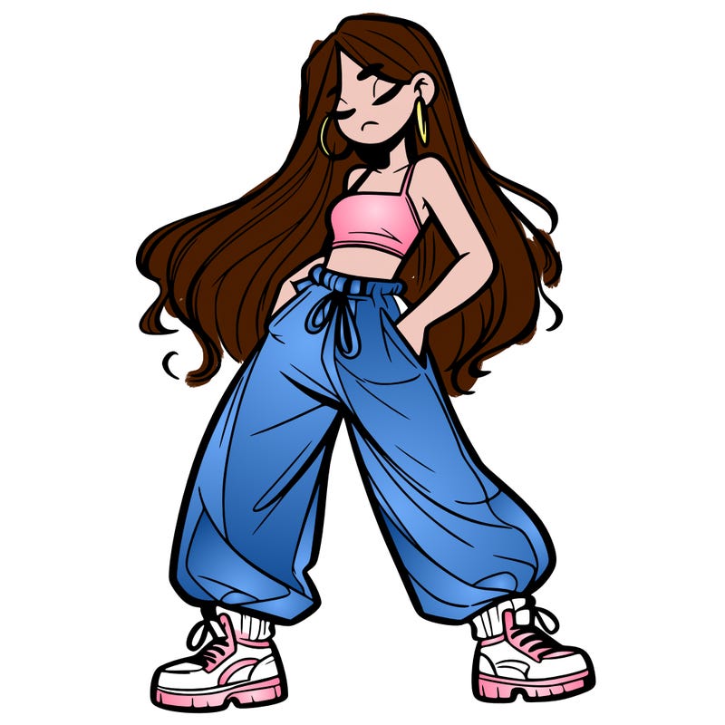girl in baggy pants crop top and long hair