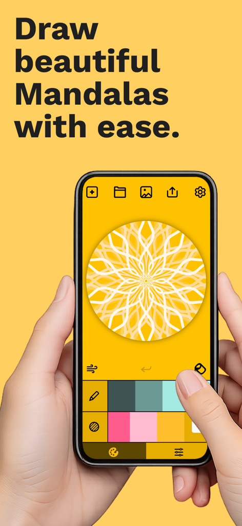A person using the Make it Mandala app on a smartphone to create a yellow symmetric pattern