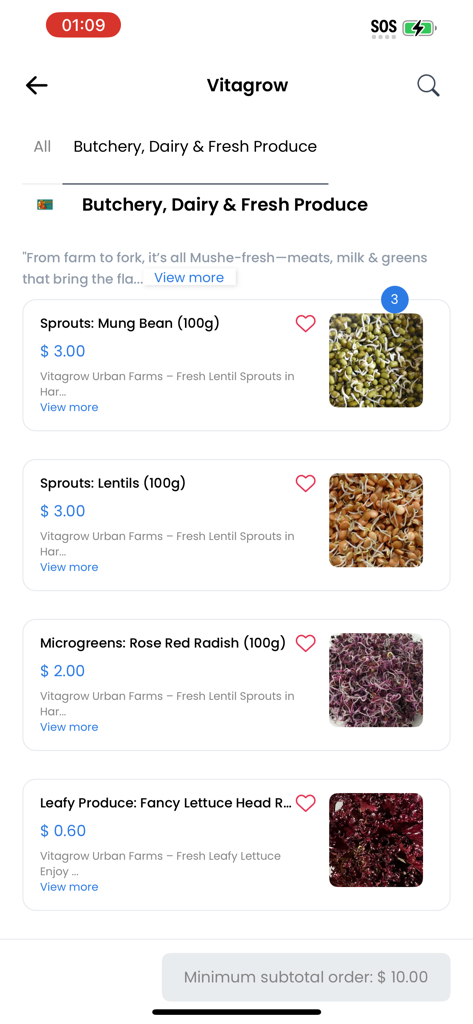 Mushe Market - Pantalla de la aplicación Mushe Market mostrando una variedad de productos frescos de Vitagrow