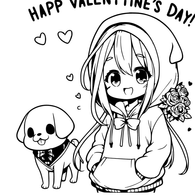 manga character wearing a cute valentine's day hoodie with the dog