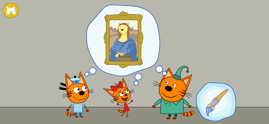 Три Кота: Путешествие Котят! - Kid-E-Cats characters Cookie Candy and Pudding looking at a cat version of the Mona Lisa painting