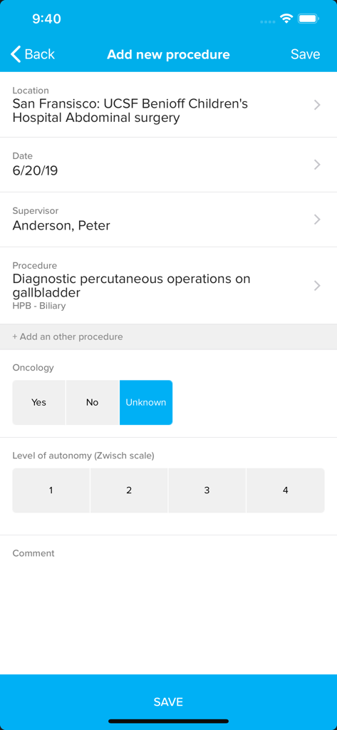 Medbook - Medbook mobile application interface for adding a new medical procedure including fields for location supervisor and date