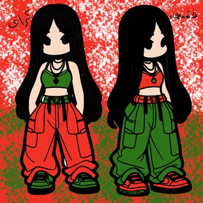 girl in baggy pants crop top and long hair