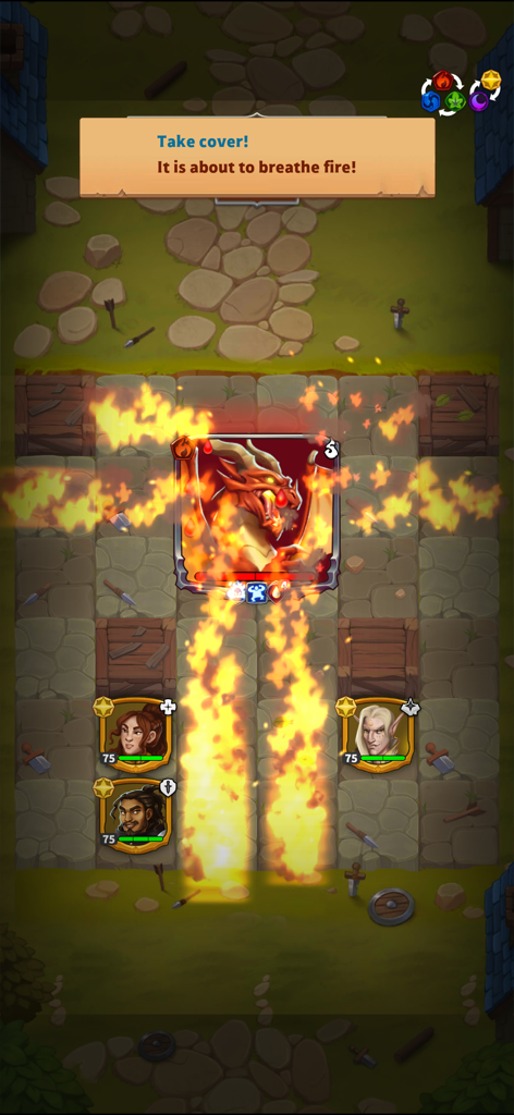 Friends & Dragons - Puzzle RPG - A red dragon breathing fire on heroes in a tactical grid dungeon battle.